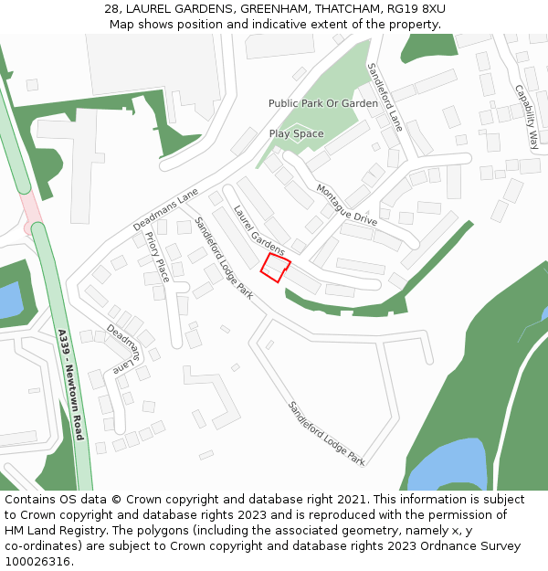 28, LAUREL GARDENS, GREENHAM, THATCHAM, RG19 8XU: Location map and indicative extent of plot