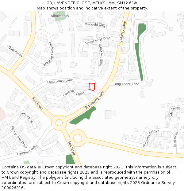 28, LAVENDER CLOSE, MELKSHAM, SN12 6FW: Location map and indicative extent of plot