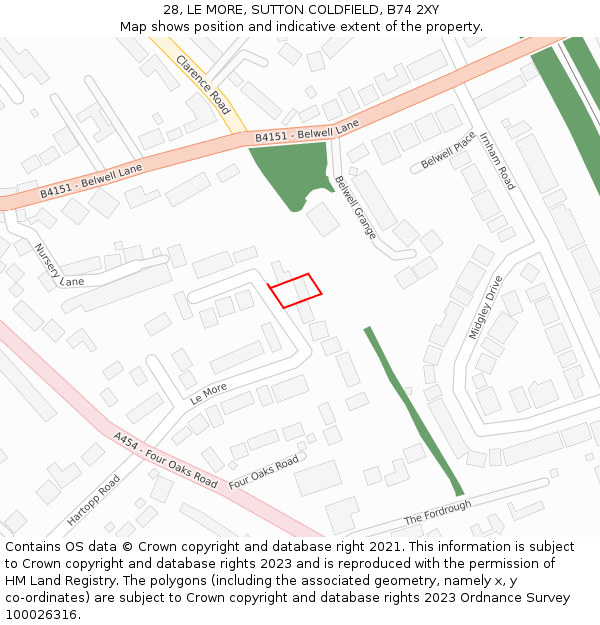 28, LE MORE, SUTTON COLDFIELD, B74 2XY: Location map and indicative extent of plot