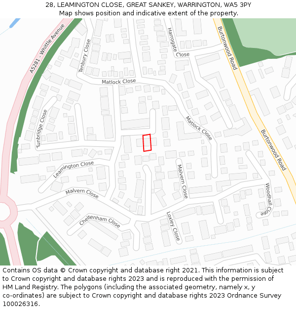 28, LEAMINGTON CLOSE, GREAT SANKEY, WARRINGTON, WA5 3PY: Location map and indicative extent of plot