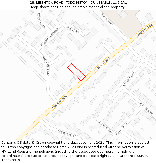 28, LEIGHTON ROAD, TODDINGTON, DUNSTABLE, LU5 6AL: Location map and indicative extent of plot