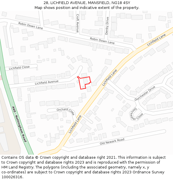 28, LICHFIELD AVENUE, MANSFIELD, NG18 4SY: Location map and indicative extent of plot