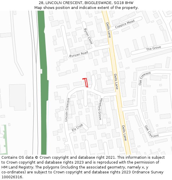 28, LINCOLN CRESCENT, BIGGLESWADE, SG18 8HW: Location map and indicative extent of plot