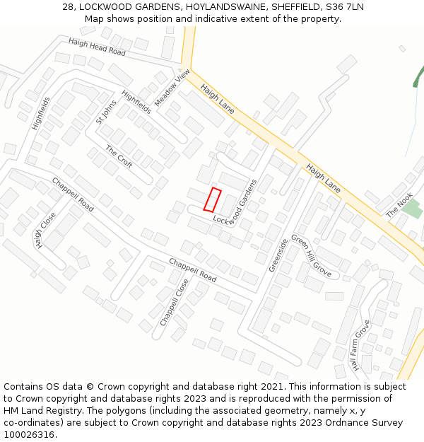 28, LOCKWOOD GARDENS, HOYLANDSWAINE, SHEFFIELD, S36 7LN: Location map and indicative extent of plot