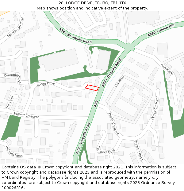 28, LODGE DRIVE, TRURO, TR1 1TX: Location map and indicative extent of plot
