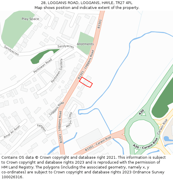 28, LOGGANS ROAD, LOGGANS, HAYLE, TR27 4PL: Location map and indicative extent of plot