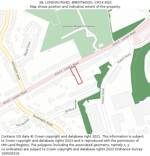 28, LONDON ROAD, BRENTWOOD, CM14 4QG: Location map and indicative extent of plot