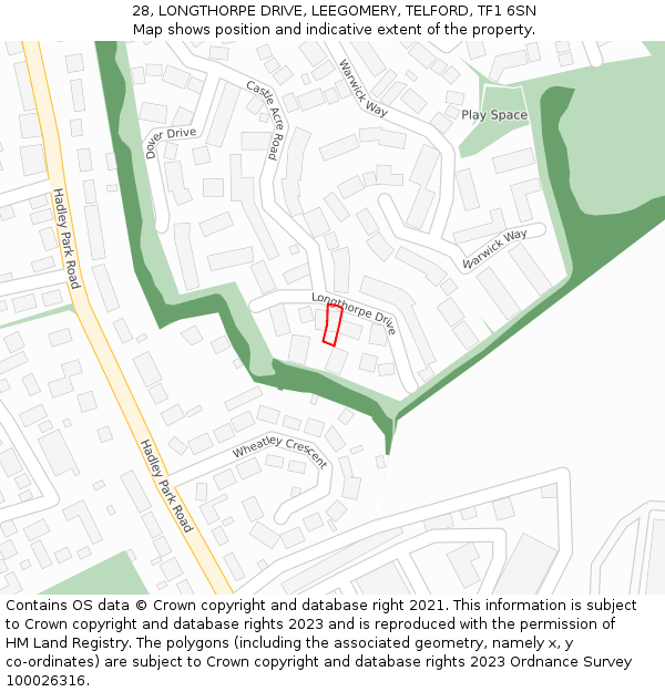 28, LONGTHORPE DRIVE, LEEGOMERY, TELFORD, TF1 6SN: Location map and indicative extent of plot