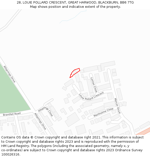 28, LOUIE POLLARD CRESCENT, GREAT HARWOOD, BLACKBURN, BB6 7TG: Location map and indicative extent of plot