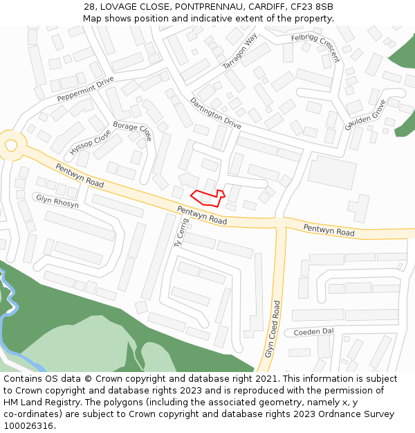 28, LOVAGE CLOSE, PONTPRENNAU, CARDIFF, CF23 8SB: Location map and indicative extent of plot