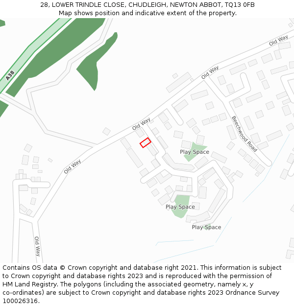 28, LOWER TRINDLE CLOSE, CHUDLEIGH, NEWTON ABBOT, TQ13 0FB: Location map and indicative extent of plot