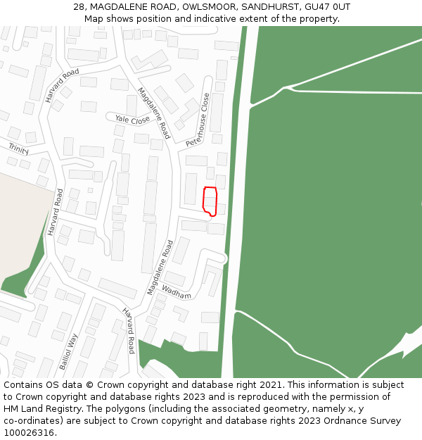28, MAGDALENE ROAD, OWLSMOOR, SANDHURST, GU47 0UT: Location map and indicative extent of plot