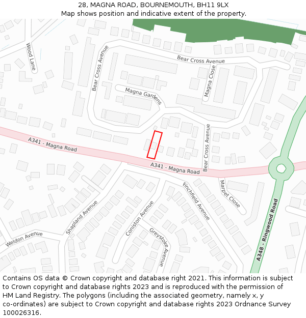 28, MAGNA ROAD, BOURNEMOUTH, BH11 9LX: Location map and indicative extent of plot