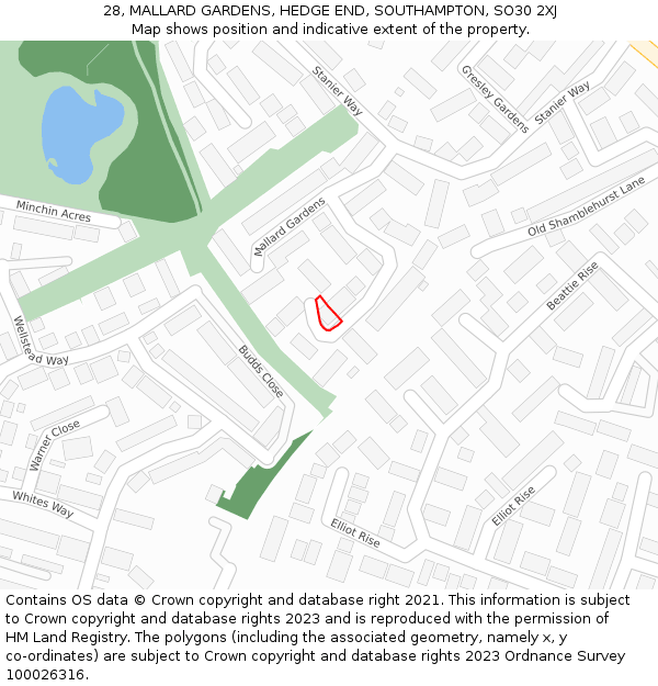 28, MALLARD GARDENS, HEDGE END, SOUTHAMPTON, SO30 2XJ: Location map and indicative extent of plot