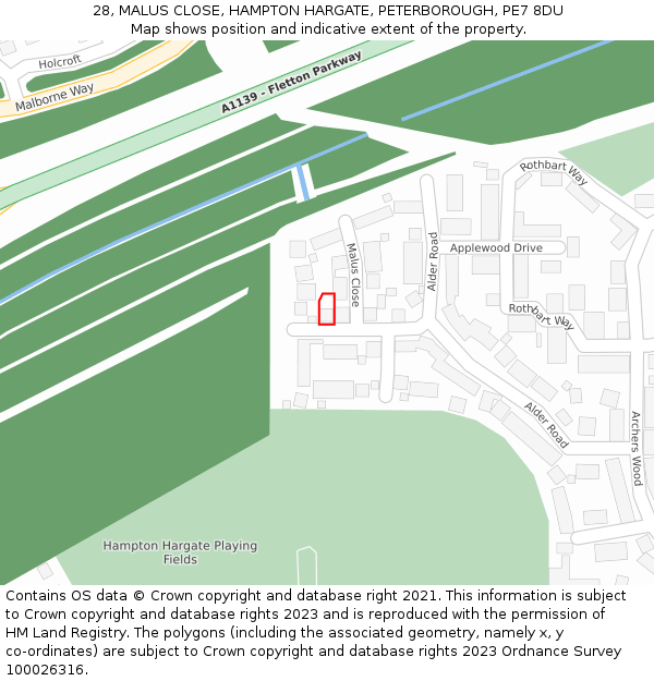 28, MALUS CLOSE, HAMPTON HARGATE, PETERBOROUGH, PE7 8DU: Location map and indicative extent of plot