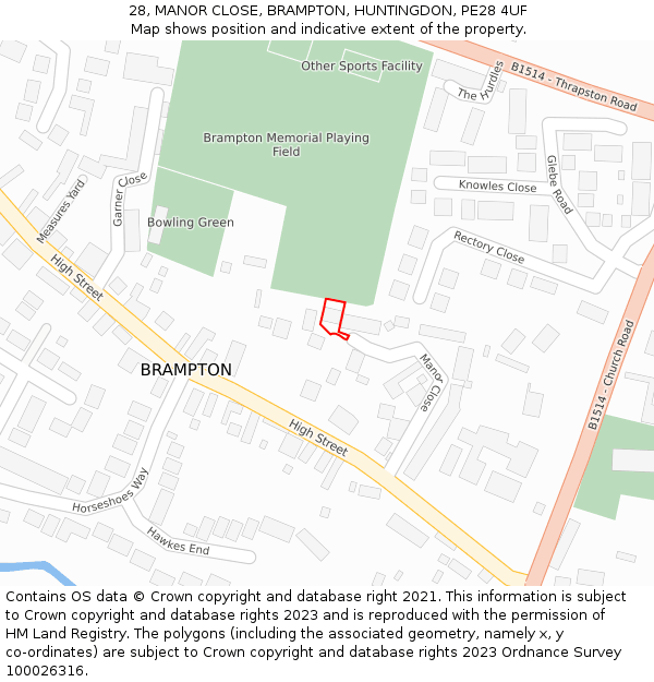 28, MANOR CLOSE, BRAMPTON, HUNTINGDON, PE28 4UF: Location map and indicative extent of plot
