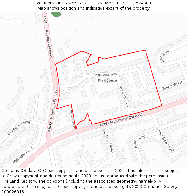 28, MARQUESS WAY, MIDDLETON, MANCHESTER, M24 4JR: Location map and indicative extent of plot