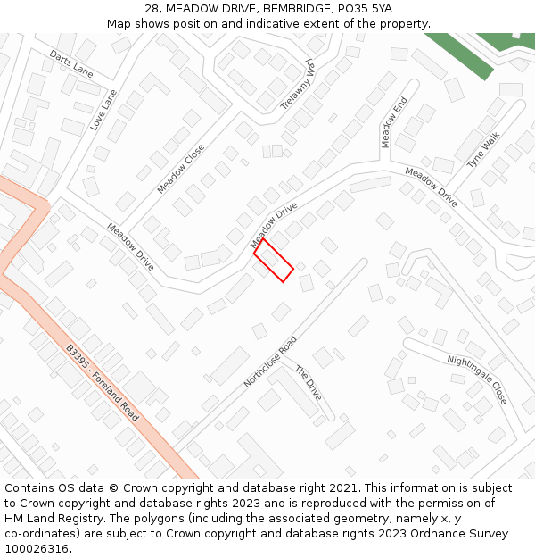 28, MEADOW DRIVE, BEMBRIDGE, PO35 5YA: Location map and indicative extent of plot