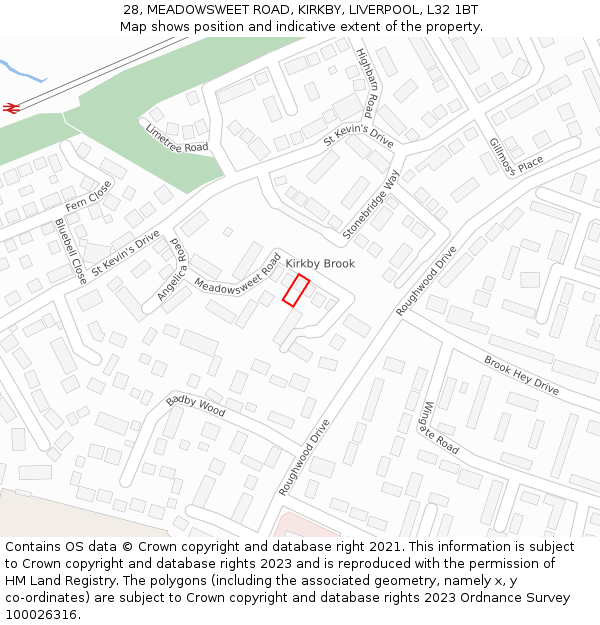 28, MEADOWSWEET ROAD, KIRKBY, LIVERPOOL, L32 1BT: Location map and indicative extent of plot
