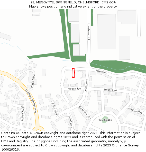 28, MEGGY TYE, SPRINGFIELD, CHELMSFORD, CM2 6GA: Location map and indicative extent of plot