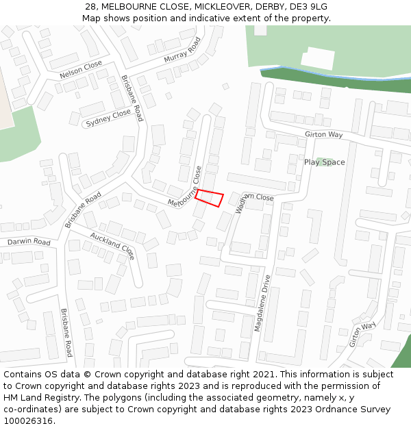 28, MELBOURNE CLOSE, MICKLEOVER, DERBY, DE3 9LG: Location map and indicative extent of plot