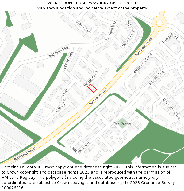 28, MELDON CLOSE, WASHINGTON, NE38 8FL: Location map and indicative extent of plot