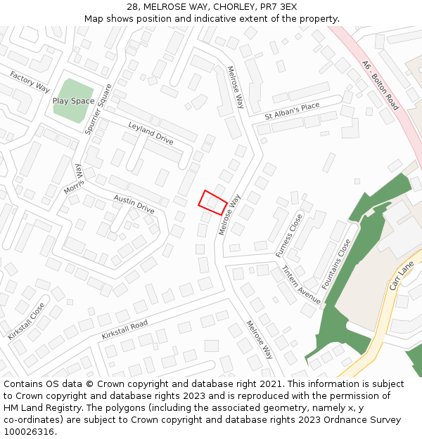 28, MELROSE WAY, CHORLEY, PR7 3EX: Location map and indicative extent of plot