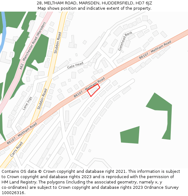 28, MELTHAM ROAD, MARSDEN, HUDDERSFIELD, HD7 6JZ: Location map and indicative extent of plot