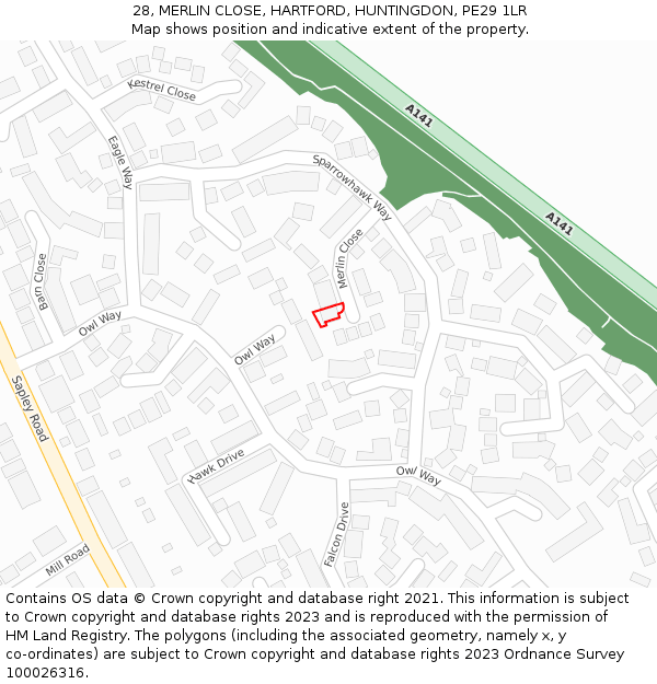 28, MERLIN CLOSE, HARTFORD, HUNTINGDON, PE29 1LR: Location map and indicative extent of plot