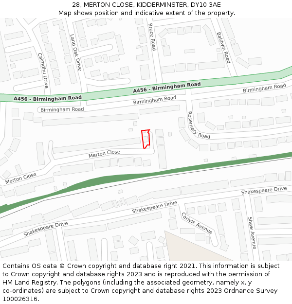 28, MERTON CLOSE, KIDDERMINSTER, DY10 3AE: Location map and indicative extent of plot