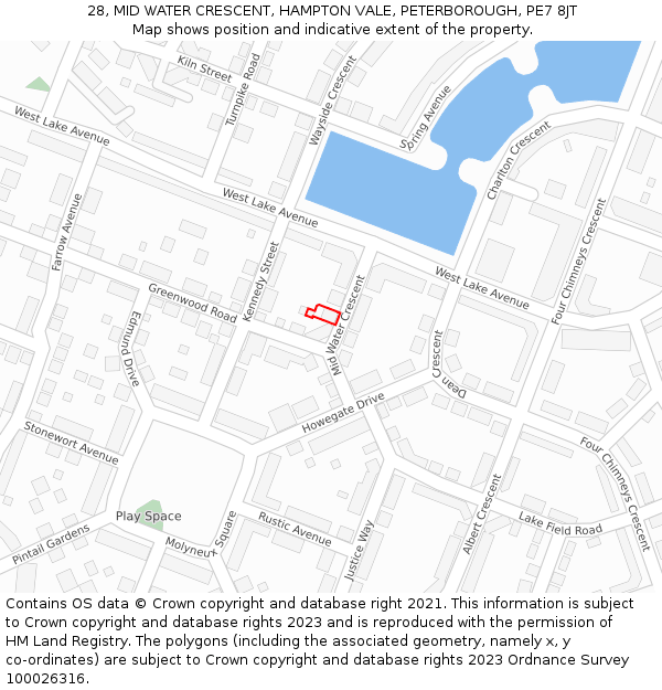 28, MID WATER CRESCENT, HAMPTON VALE, PETERBOROUGH, PE7 8JT: Location map and indicative extent of plot