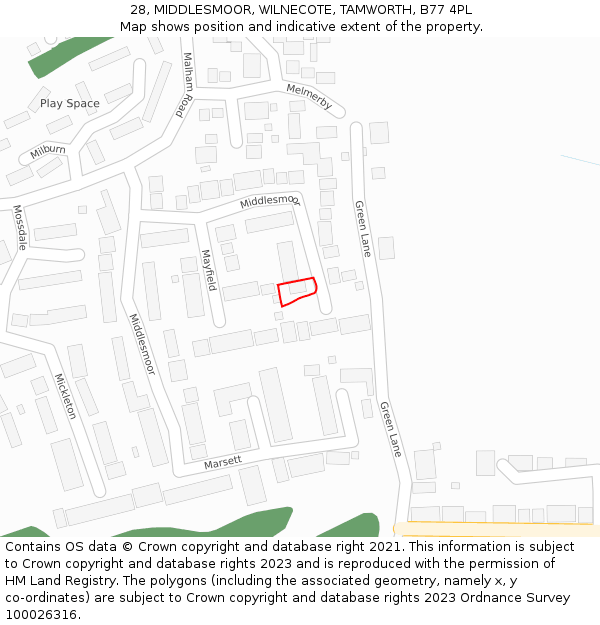 28, MIDDLESMOOR, WILNECOTE, TAMWORTH, B77 4PL: Location map and indicative extent of plot