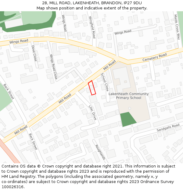 28, MILL ROAD, LAKENHEATH, BRANDON, IP27 9DU: Location map and indicative extent of plot