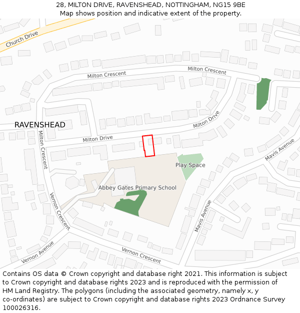 28, MILTON DRIVE, RAVENSHEAD, NOTTINGHAM, NG15 9BE: Location map and indicative extent of plot