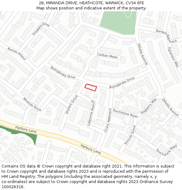 28, MIRANDA DRIVE, HEATHCOTE, WARWICK, CV34 6FE: Location map and indicative extent of plot