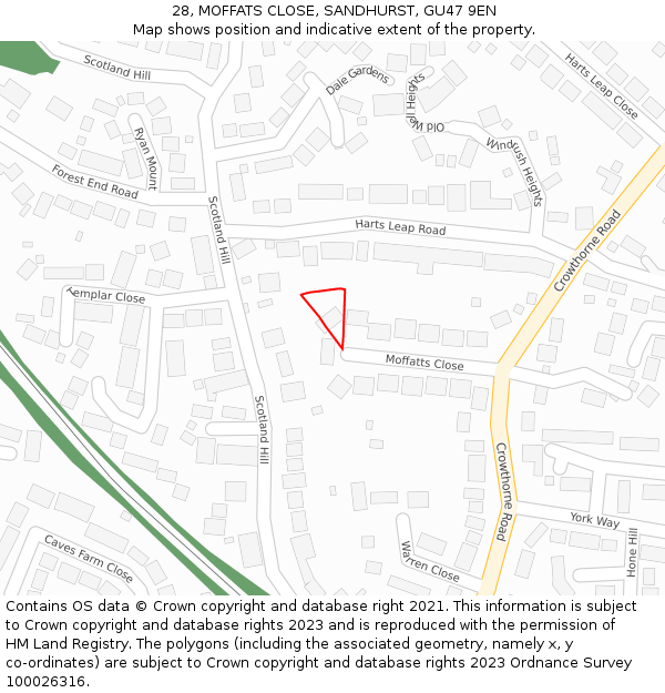 28, MOFFATS CLOSE, SANDHURST, GU47 9EN: Location map and indicative extent of plot