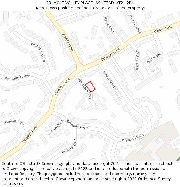 28, MOLE VALLEY PLACE, ASHTEAD, KT21 2PN: Location map and indicative extent of plot