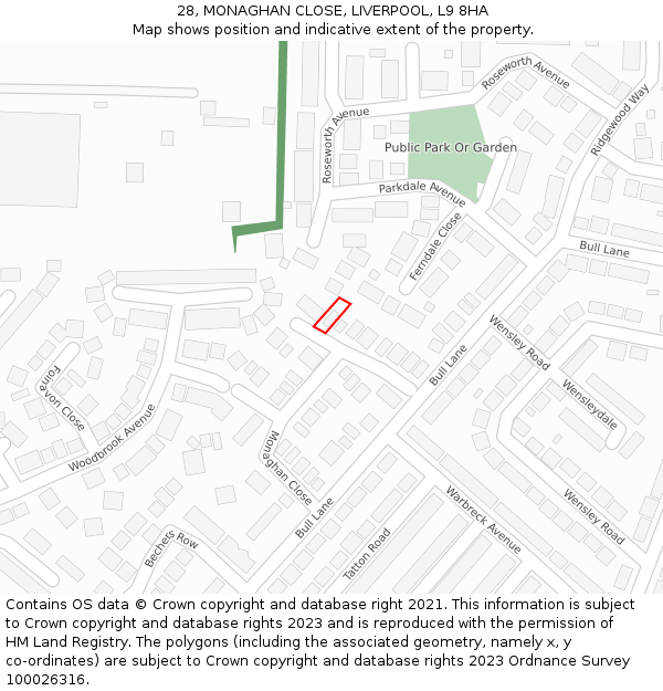 28, MONAGHAN CLOSE, LIVERPOOL, L9 8HA: Location map and indicative extent of plot