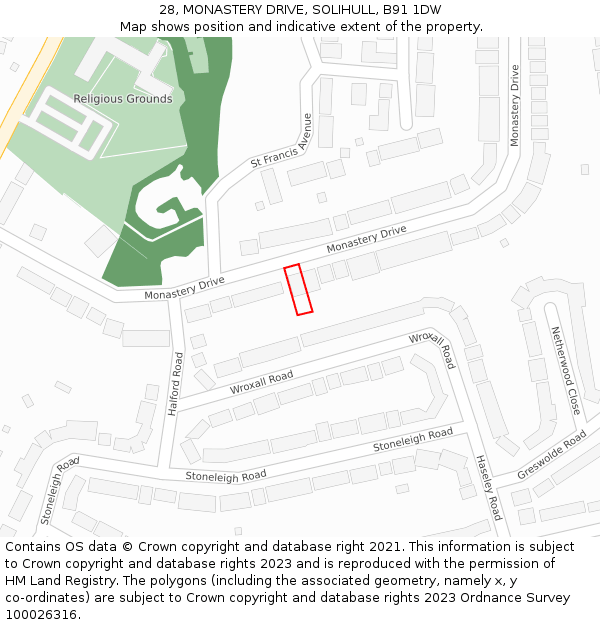 28, MONASTERY DRIVE, SOLIHULL, B91 1DW: Location map and indicative extent of plot