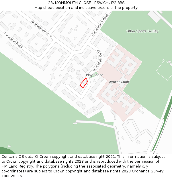 28, MONMOUTH CLOSE, IPSWICH, IP2 8RS: Location map and indicative extent of plot