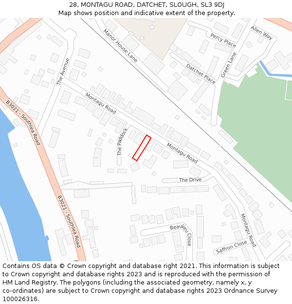 28, MONTAGU ROAD, DATCHET, SLOUGH, SL3 9DJ: Location map and indicative extent of plot