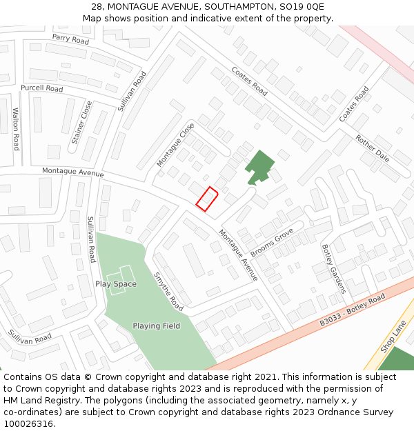 28, MONTAGUE AVENUE, SOUTHAMPTON, SO19 0QE: Location map and indicative extent of plot