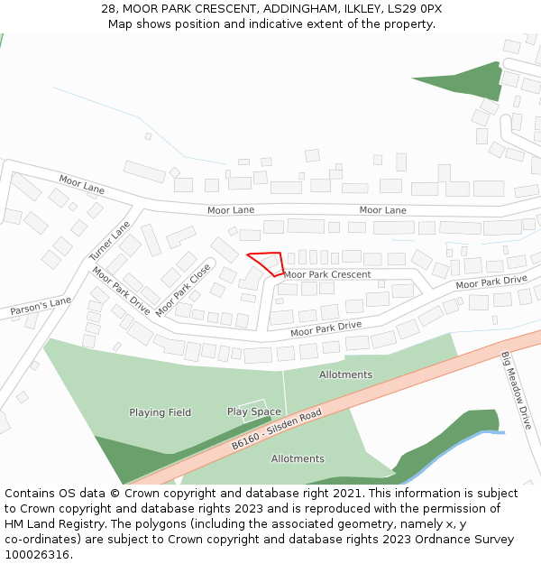 28, MOOR PARK CRESCENT, ADDINGHAM, ILKLEY, LS29 0PX: Location map and indicative extent of plot