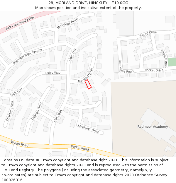 28, MORLAND DRIVE, HINCKLEY, LE10 0GG: Location map and indicative extent of plot