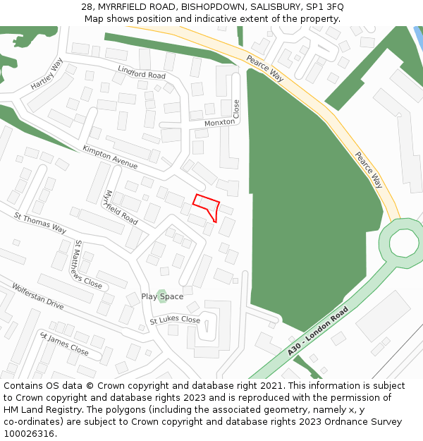 28, MYRRFIELD ROAD, BISHOPDOWN, SALISBURY, SP1 3FQ: Location map and indicative extent of plot