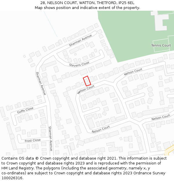 28, NELSON COURT, WATTON, THETFORD, IP25 6EL: Location map and indicative extent of plot
