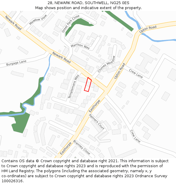 28, NEWARK ROAD, SOUTHWELL, NG25 0ES: Location map and indicative extent of plot