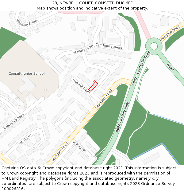28, NEWBELL COURT, CONSETT, DH8 6FE: Location map and indicative extent of plot
