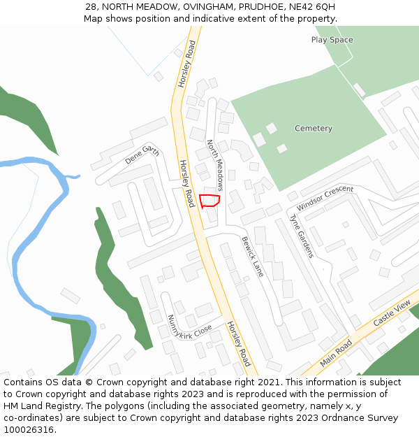 28, NORTH MEADOW, OVINGHAM, PRUDHOE, NE42 6QH: Location map and indicative extent of plot