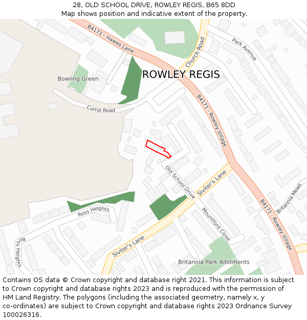 28, OLD SCHOOL DRIVE, ROWLEY REGIS, B65 8DD: Location map and indicative extent of plot